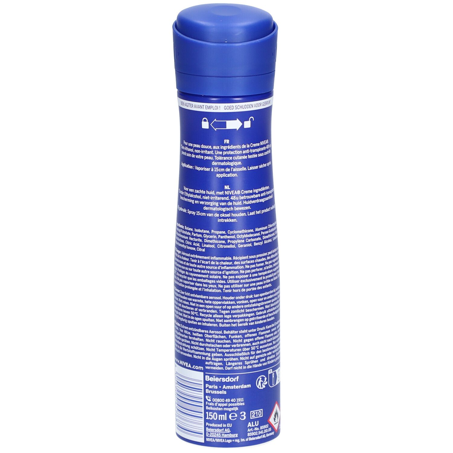 Blauwe deodorant spray. Achterkant met meertalige tekst, ingrediënten, waarschuwing, 150ml.