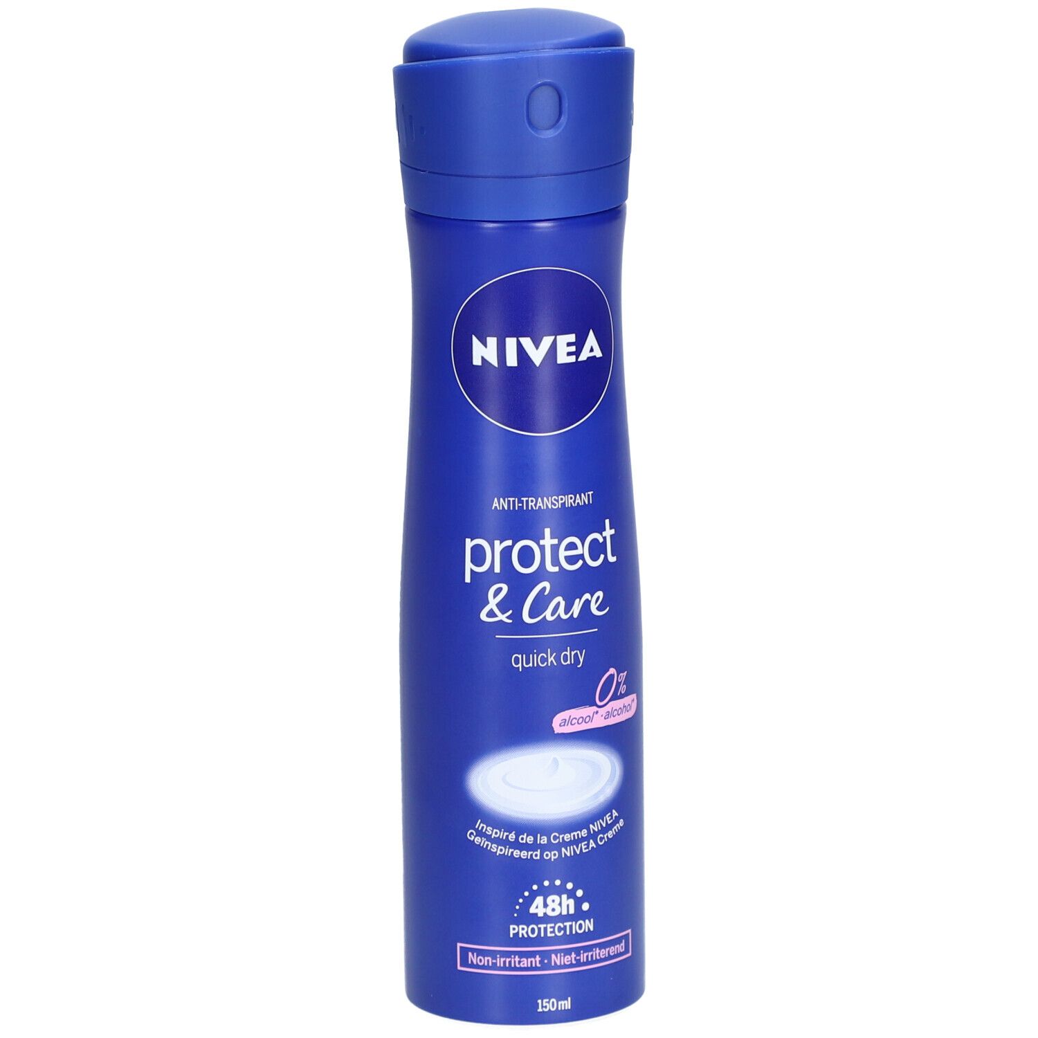 Blauwe deodorant spray met wit logo. Opschrift: NIVEA, protect & care, 48h Protection, 0% alcohol.