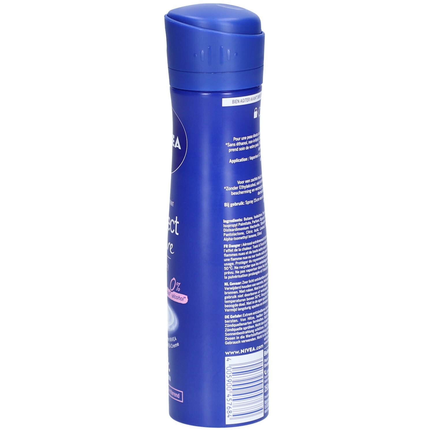 Blauwe deodorant spray. Opschrift: NIVEA, protect & care. Achterkant met meertalige tekst, waarschuwing.