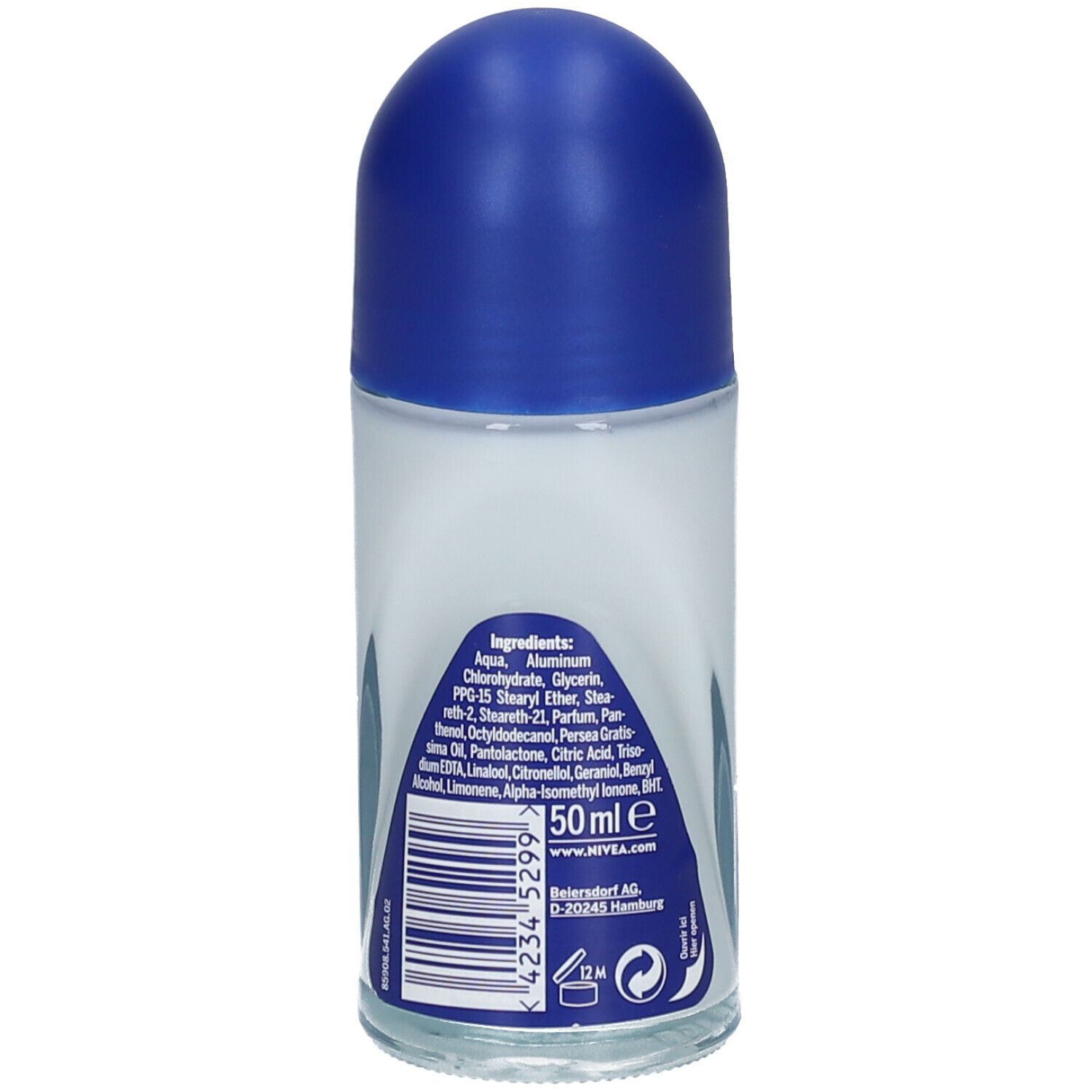 Achterkant van de NIVEA® Protect & Care roll-on. Bevat ingrediënten en 50 ml. Met barcode en recycling symbolen.