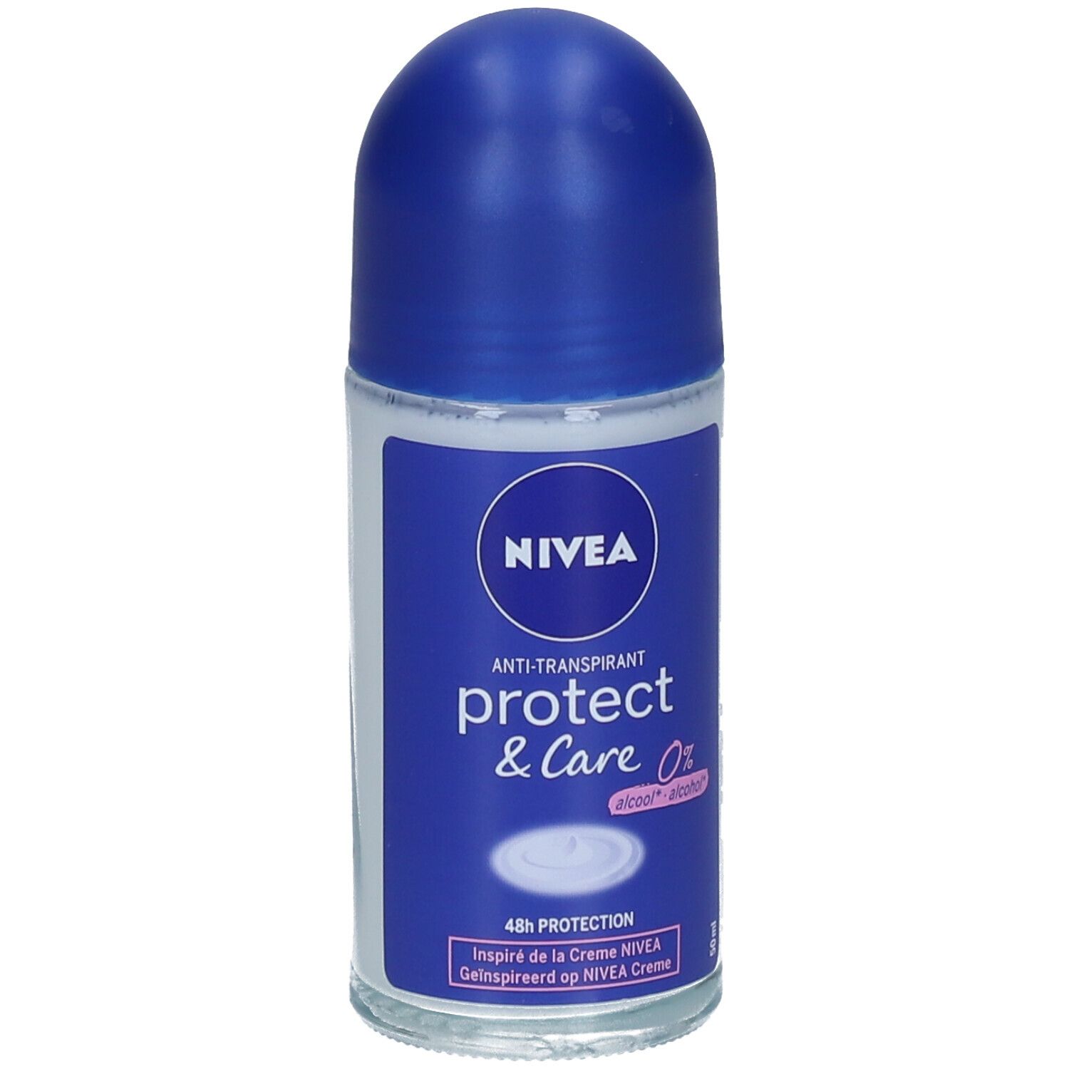 NIVEA® Protect & Care roll-on. Witte roll-on fles met blauwe dop. Opschrift: Anti-transpirant, 0% alcohol.