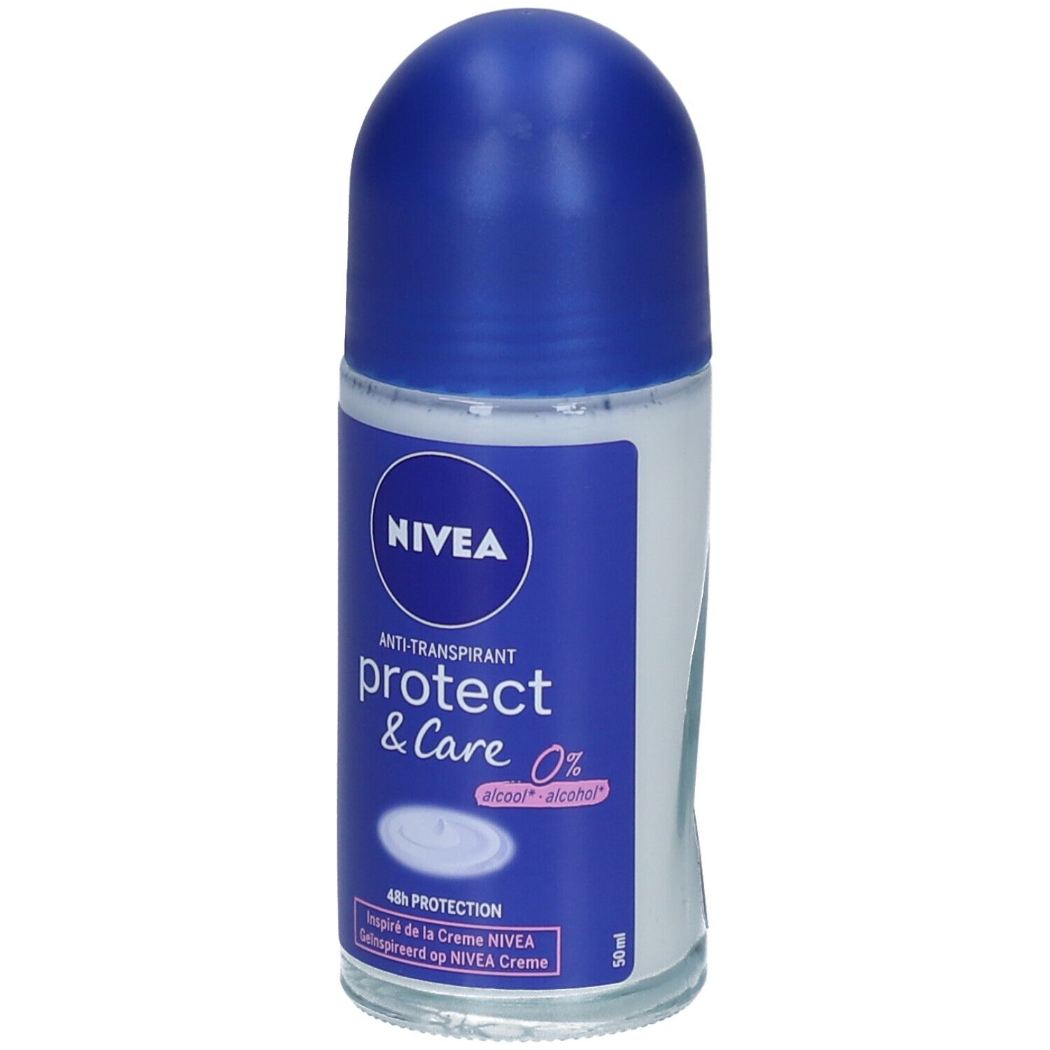 NIVEA® Protect & Care roll-on. Witte roll-on fles met blauwe dop. Opschrift: Anti-transpirant, 0% alcohol.