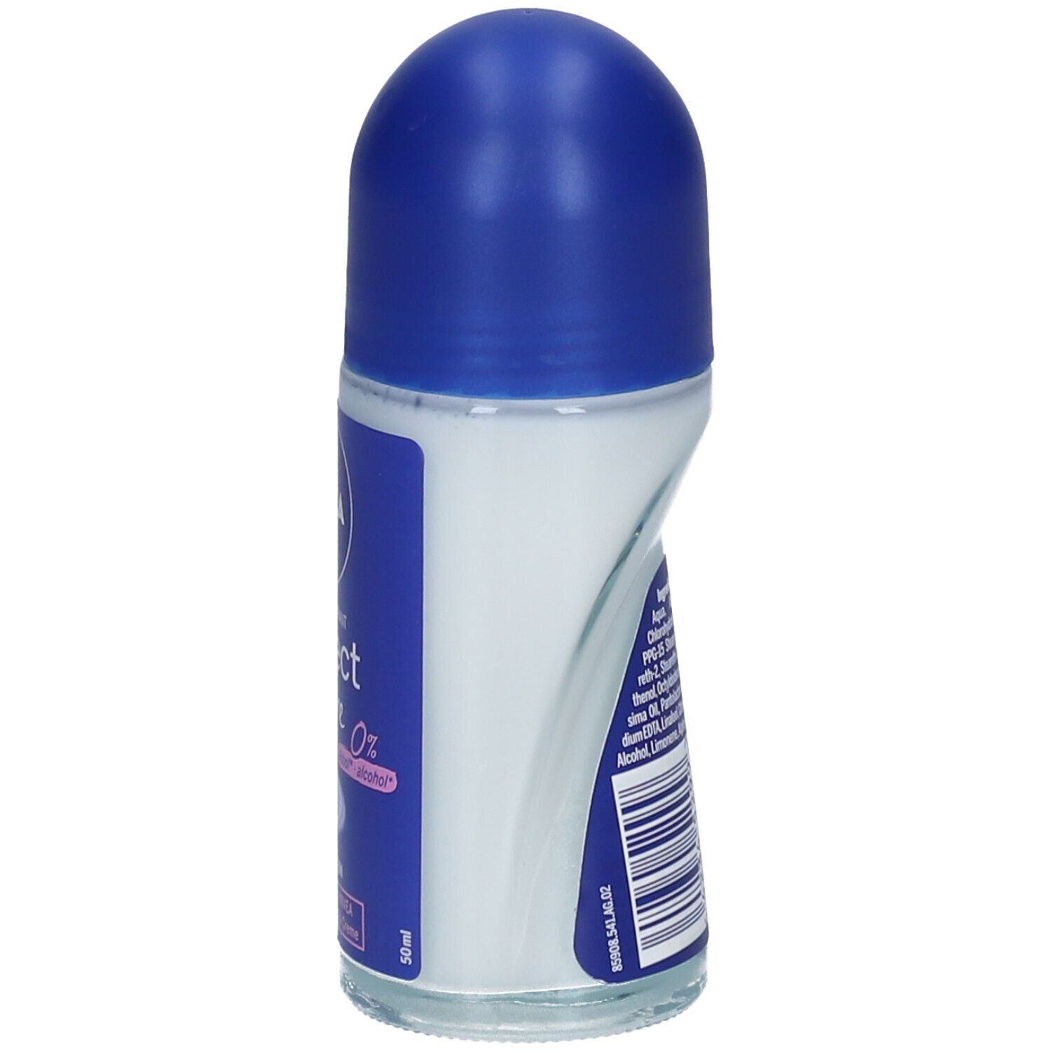 NIVEA® Protect & Care roll-on. Witte roll-on fles met blauwe dop. Opschrift: Anti-transpirant, 0% alcohol.