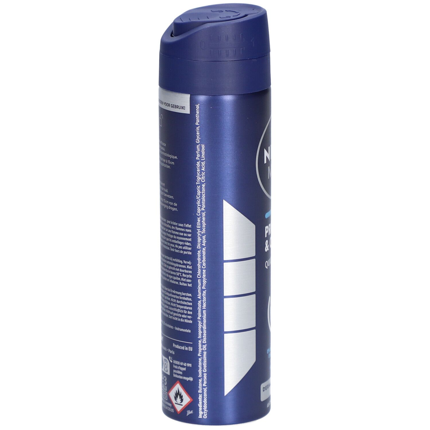 Blaue Sprühdose, Seitenansicht. Text: Inhaltsstoffe, Gebrauchsanweisung. 150ml. Warnhinweis.
