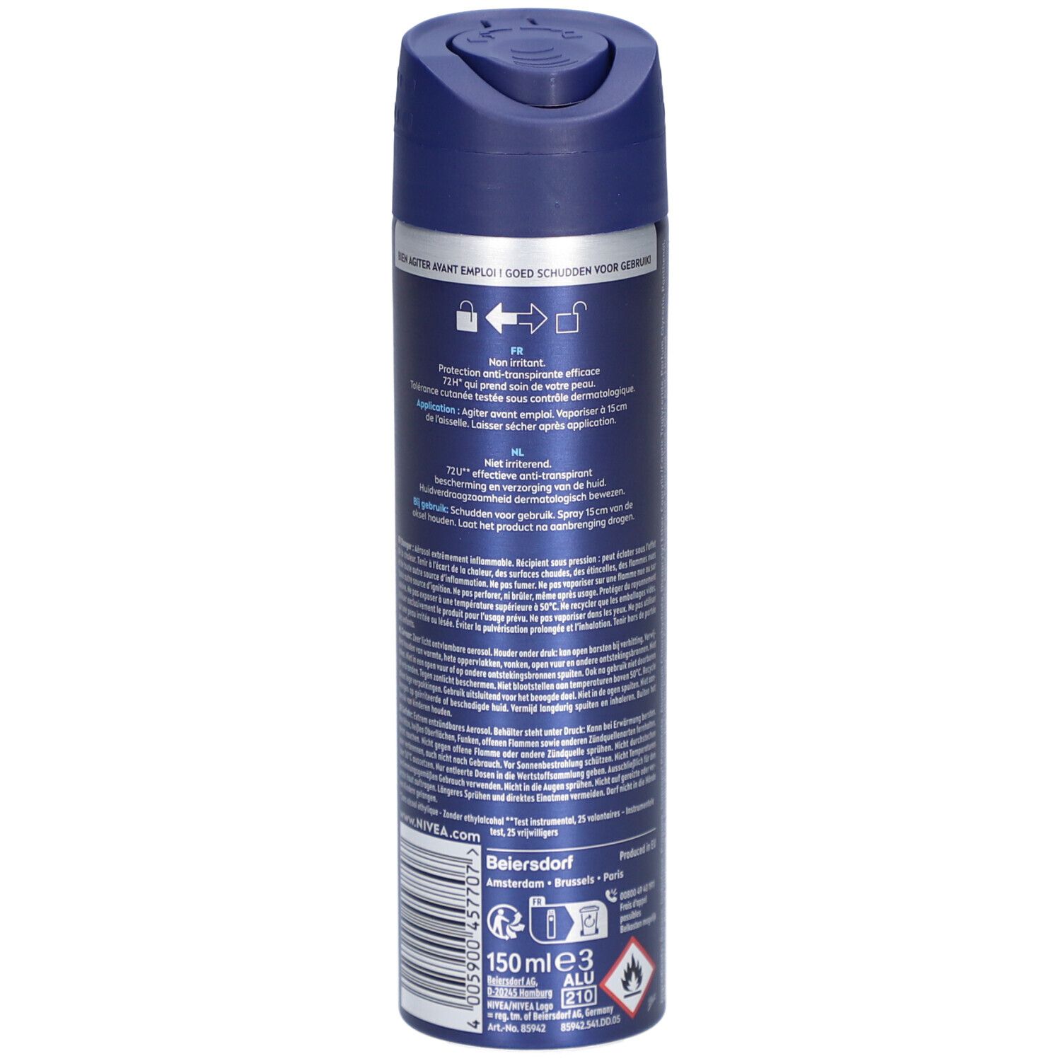 Rückseite der blauen Sprühdose. Text: Gebrauchsanweisung, Herstellerinformationen. 150ml.