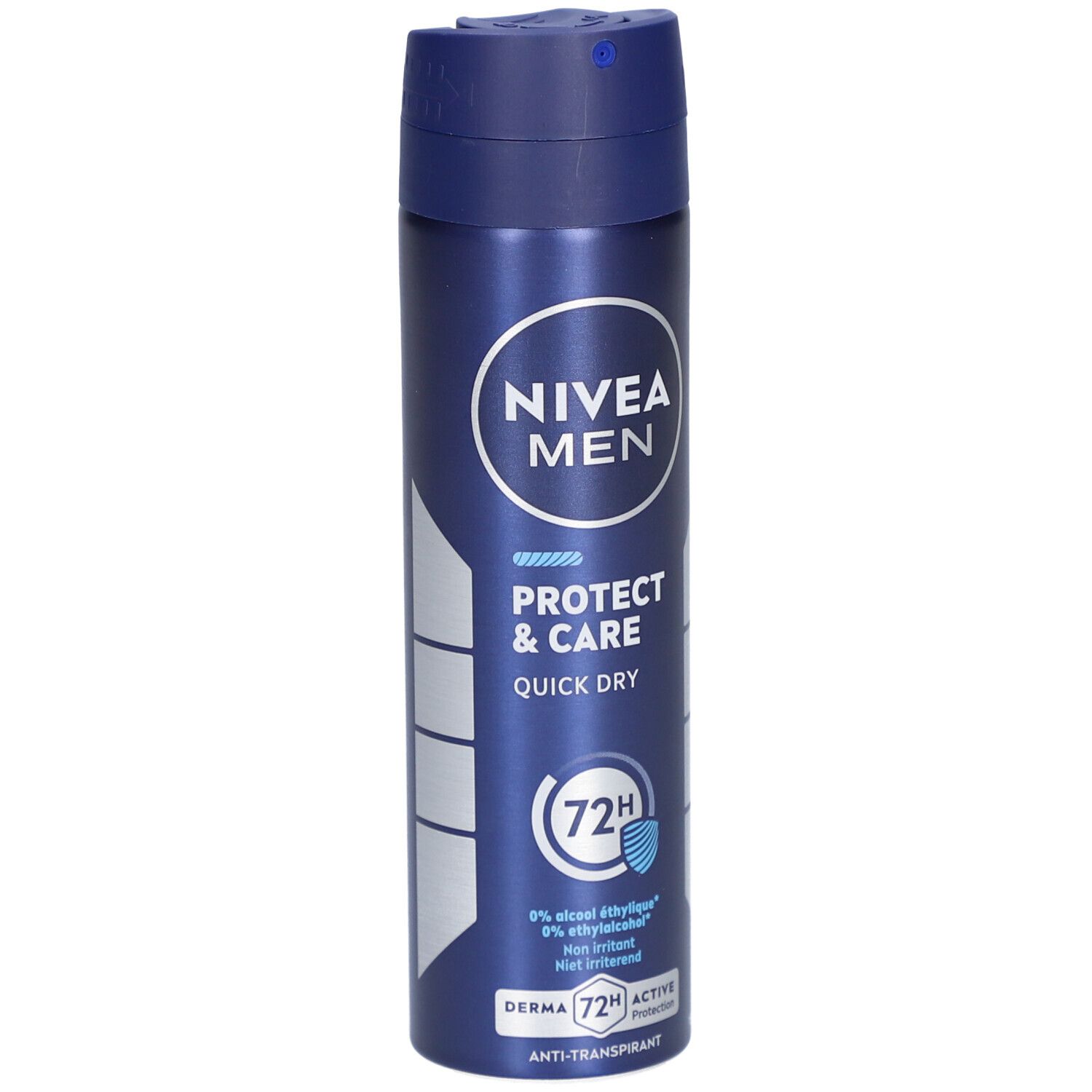 Blau-silberne Sprühdose. NIVEA MEN, Protect & Care, Quick Dry. 72H Schutz. Anti-Transpirant.