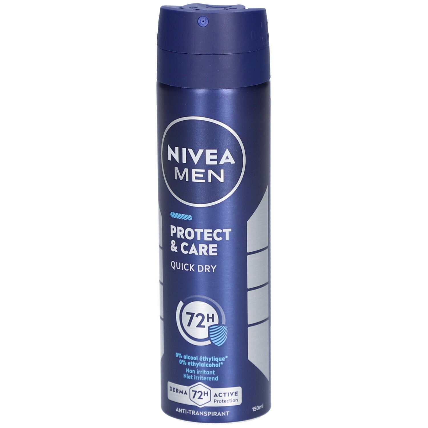 Blau-silberne Sprühdose. NIVEA MEN, Protect & Care, Quick Dry. 72H Schutz. Anti-Transpirant.