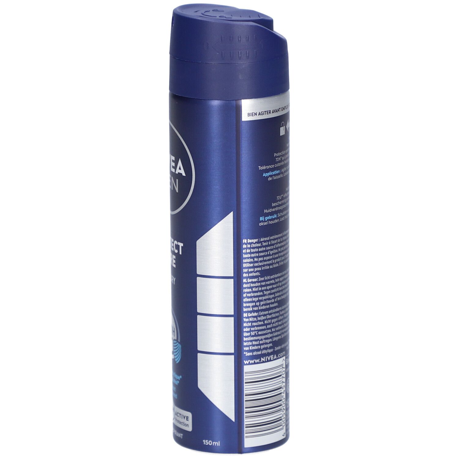 Blaue Sprühdose, Seitenansicht. NIVEA MEN, Protect & Care. Text und Logo. 150ml.