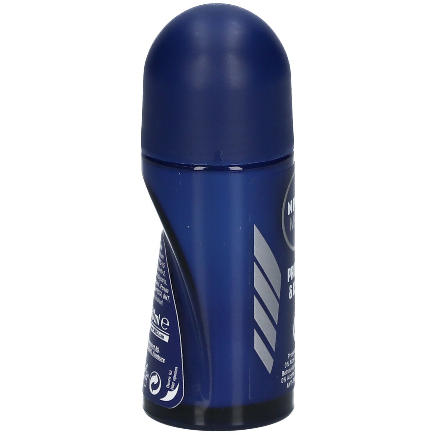 Roll-on bleu, vue latérale. Inscription: NIVEA MEN, PROTECT & CARE. 0% alcool, non irritant. 50ml.