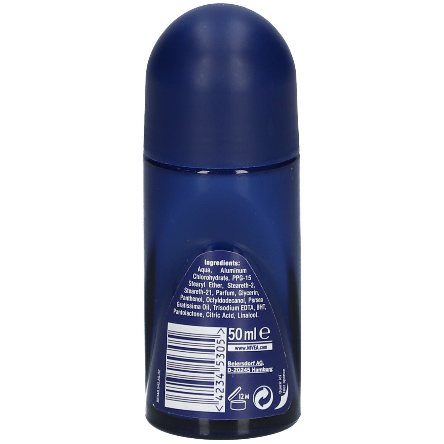 Dos d'un roll-on bleu. Contient ingrédients et code-barres. 50ml. www.NIVEA.fr