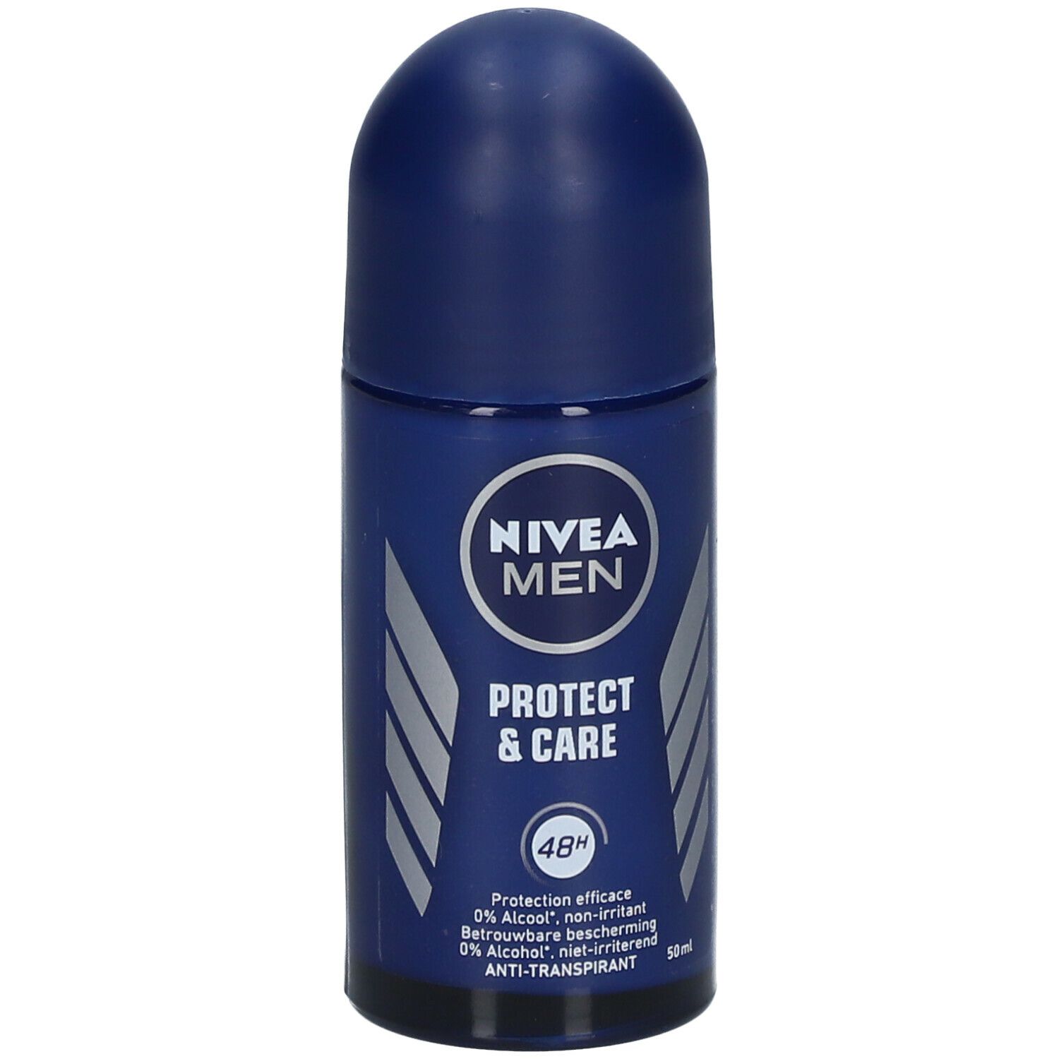 Roll-on bleu avec texte blanc. Inscription: NIVEA MEN, PROTECT & CARE, 48h. 0% alcool, anti-transpirant.