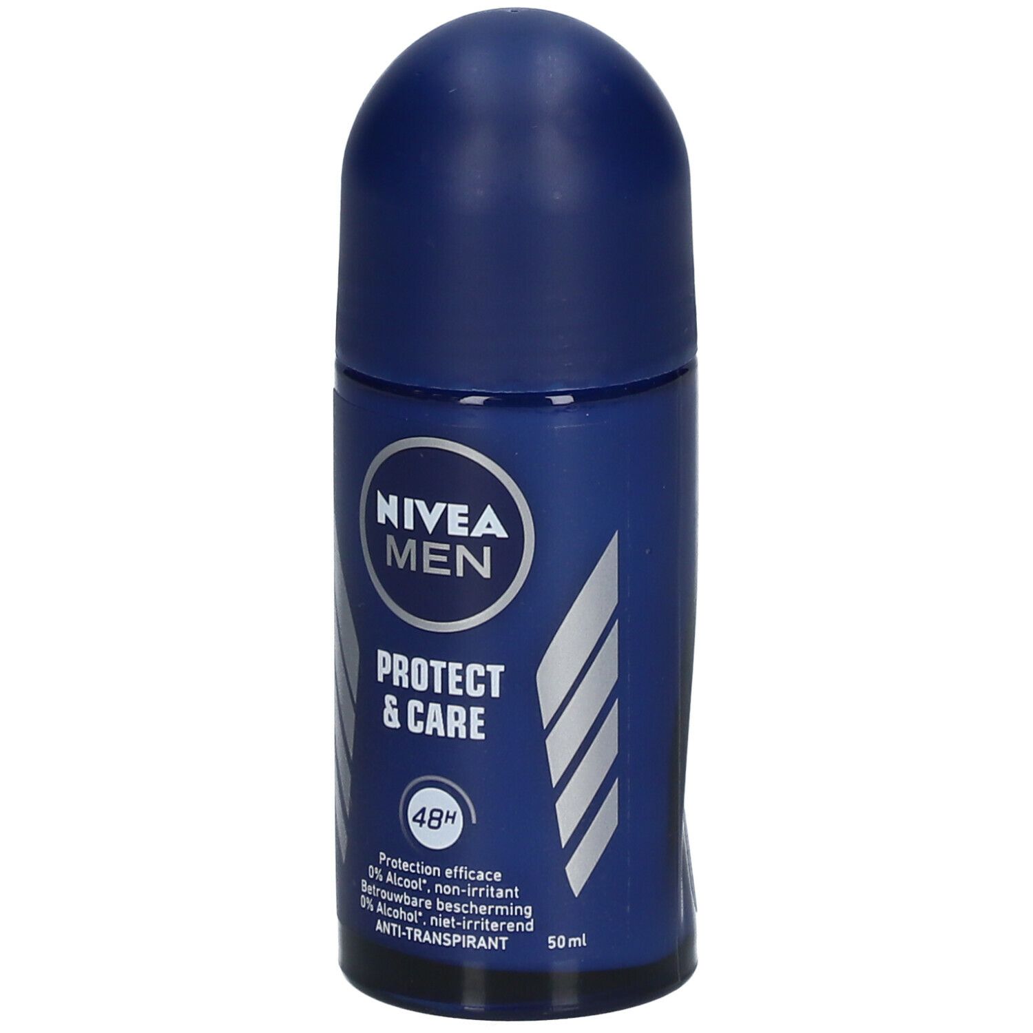 Roll-on bleu avec texte blanc. Inscription: NIVEA MEN, PROTECT & CARE, 48h. 0% alcool, anti-transpirant.