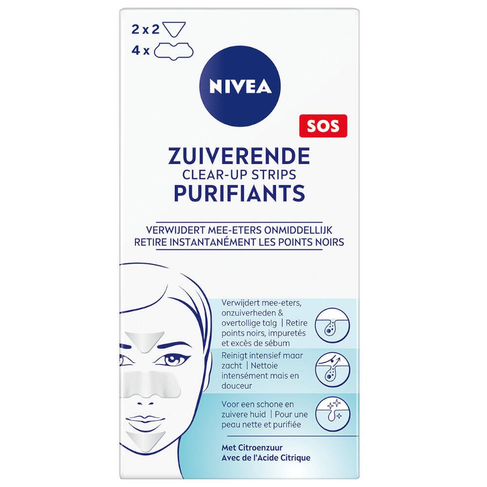 Verpakking NIVEA Clear-Up Strips. Bevat 2x2 voorhoofd- en 4 neusstrips. Productnaam en voorbeelden van gebruik.