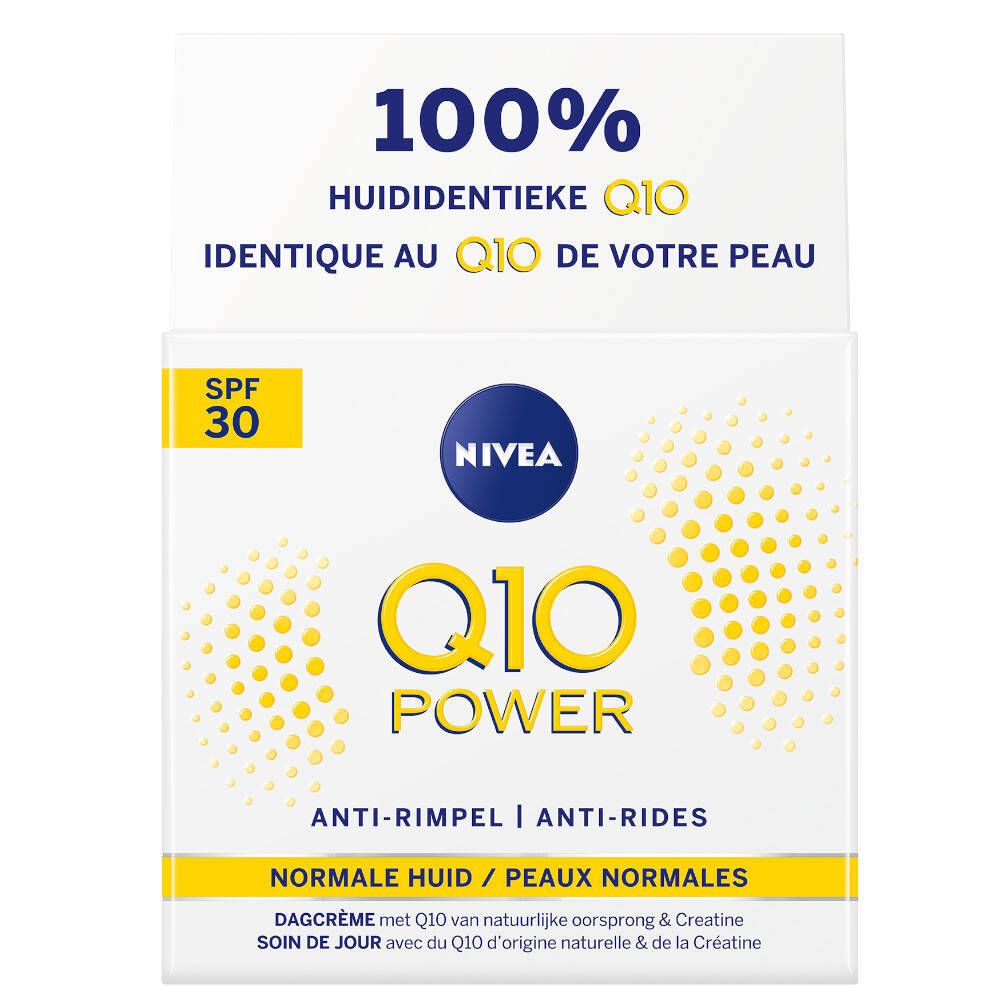 Witte verpakking NIVEA Q10 Power. Tekst: SPF 30, Anti-rimpel, Normale huid. Gele stippen.