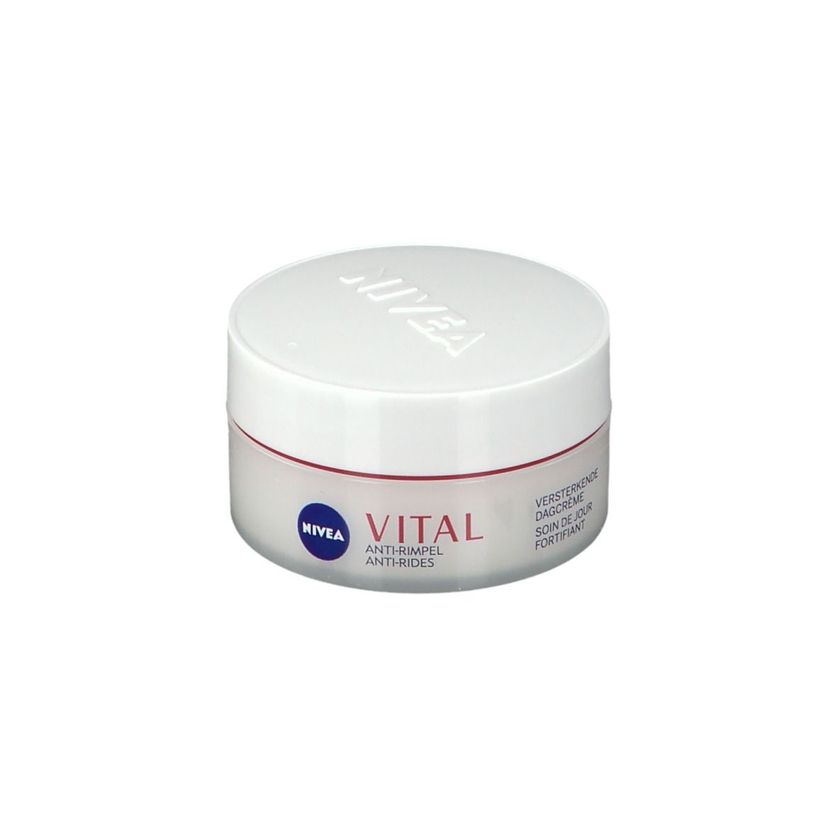 Pot de crème avec couvercle blanc et liseré rouge. Inscriptions: NIVEA, VITAL, Anti-rides, Soin de jour.