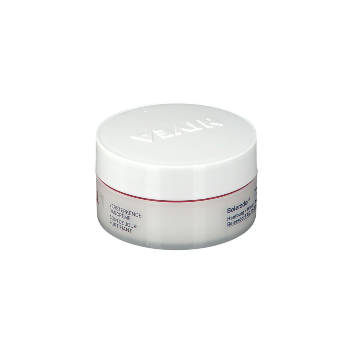 Pot de crème avec couvercle blanc et liseré rouge. Inscriptions: NIVEA, VITAL, Anti-rides, Soin de jour.