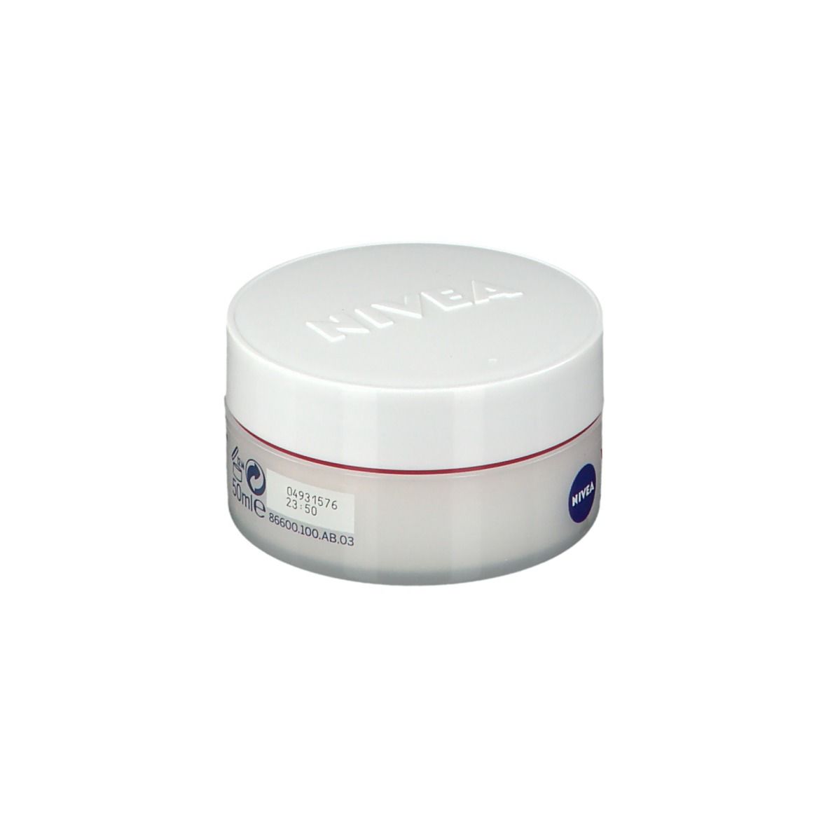 Pot de crème avec couvercle blanc et liseré rouge. Inscriptions: NIVEA, VITAL, Anti-rides, Soin de jour.