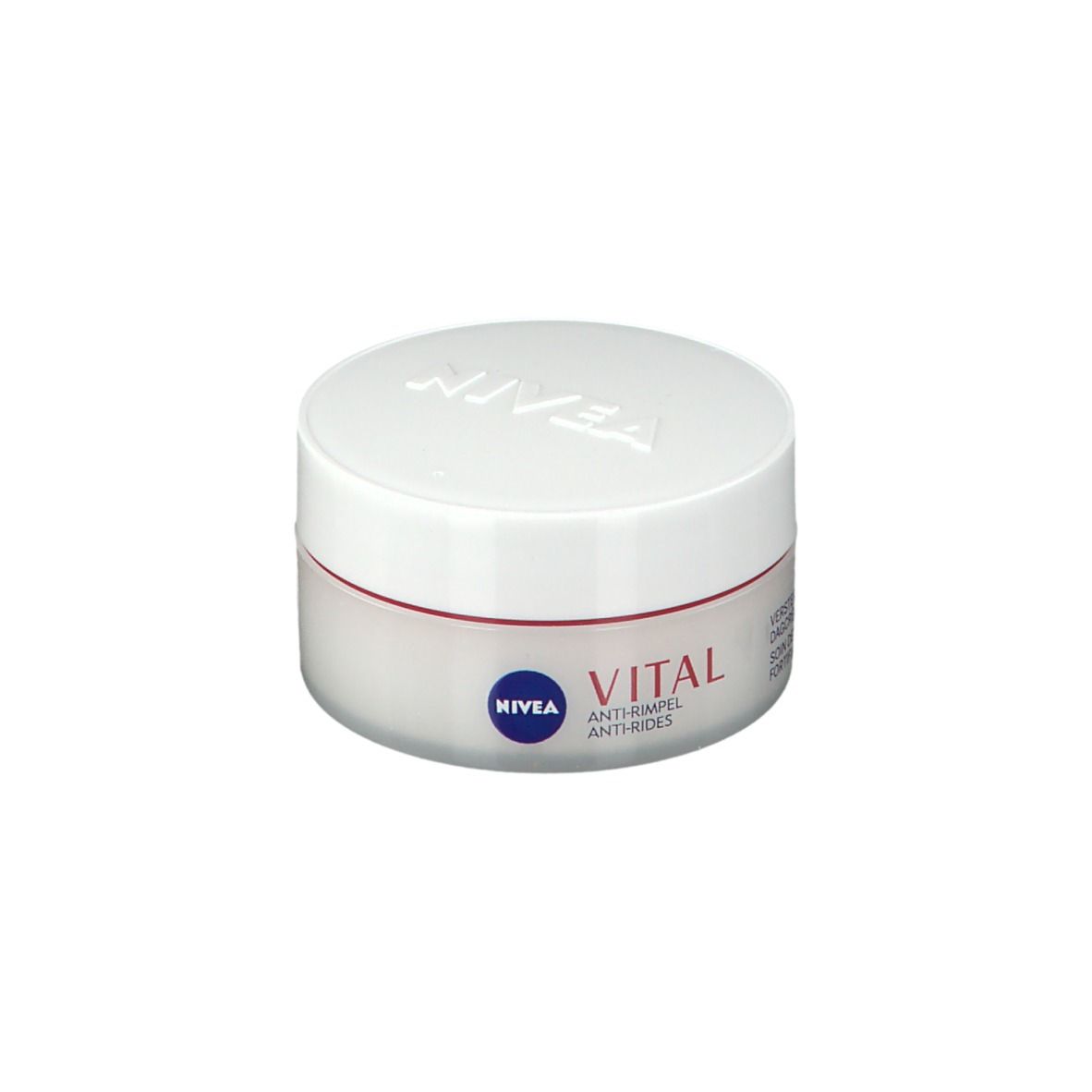 Pot de crème avec couvercle blanc et liseré rouge. Inscriptions: NIVEA, VITAL, Anti-rides, Soin de jour.