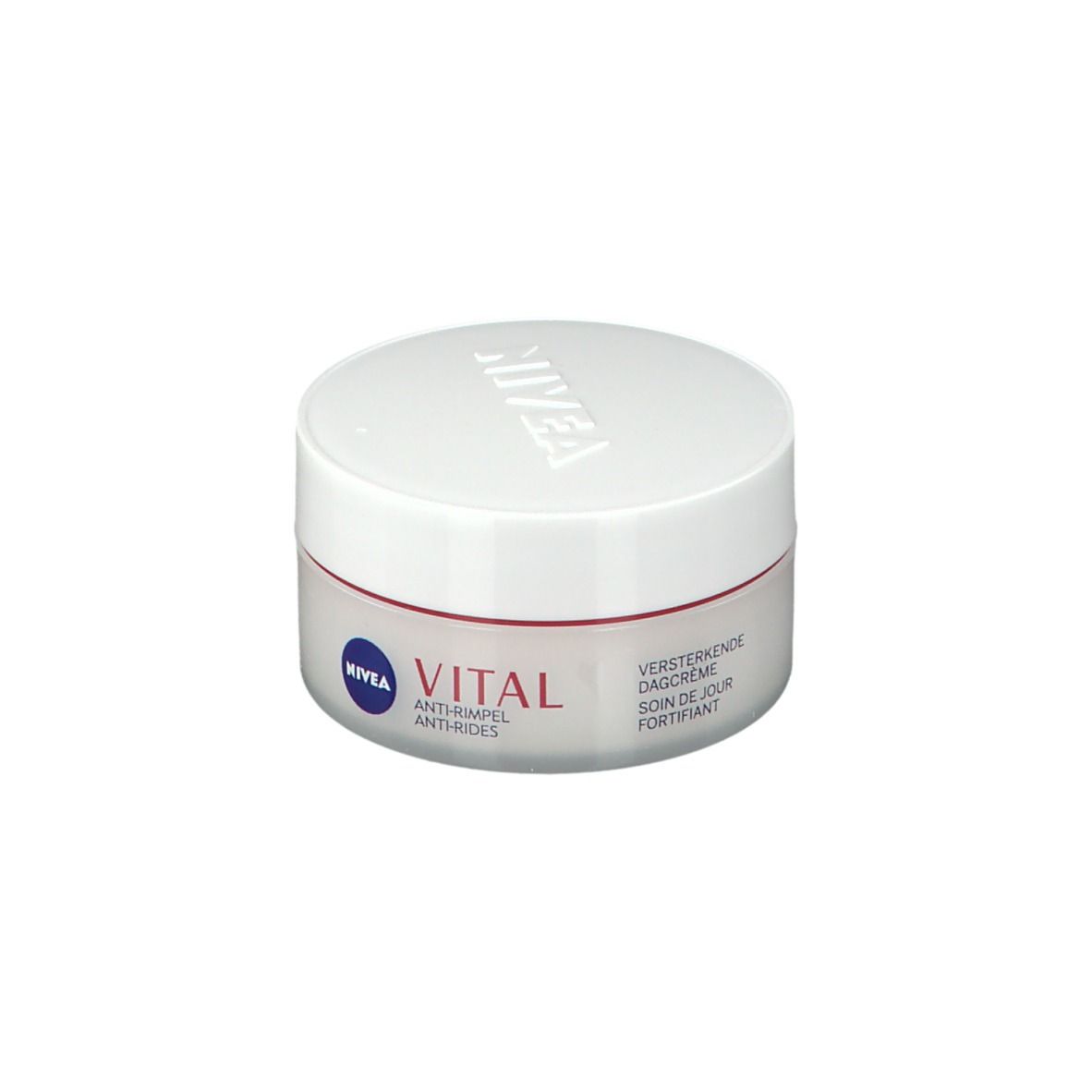 Pot de crème avec couvercle blanc et liseré rouge. Inscriptions: NIVEA, VITAL, Anti-rides, Soin de jour.