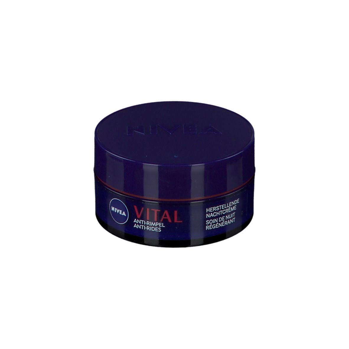 Dunkelblaue Creme-Dose mit Deckel. Aufschrift: NIVEA VITAL Anti-Falten. Text in Deutsch und Französisch.
