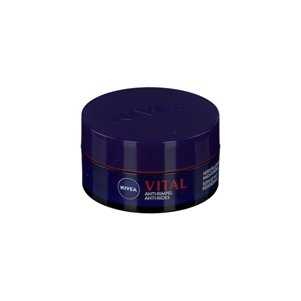 Dunkelblaue Creme-Dose mit Deckel. Aufschrift: NIVEA VITAL Anti-Falten. Text in Deutsch und Französisch.