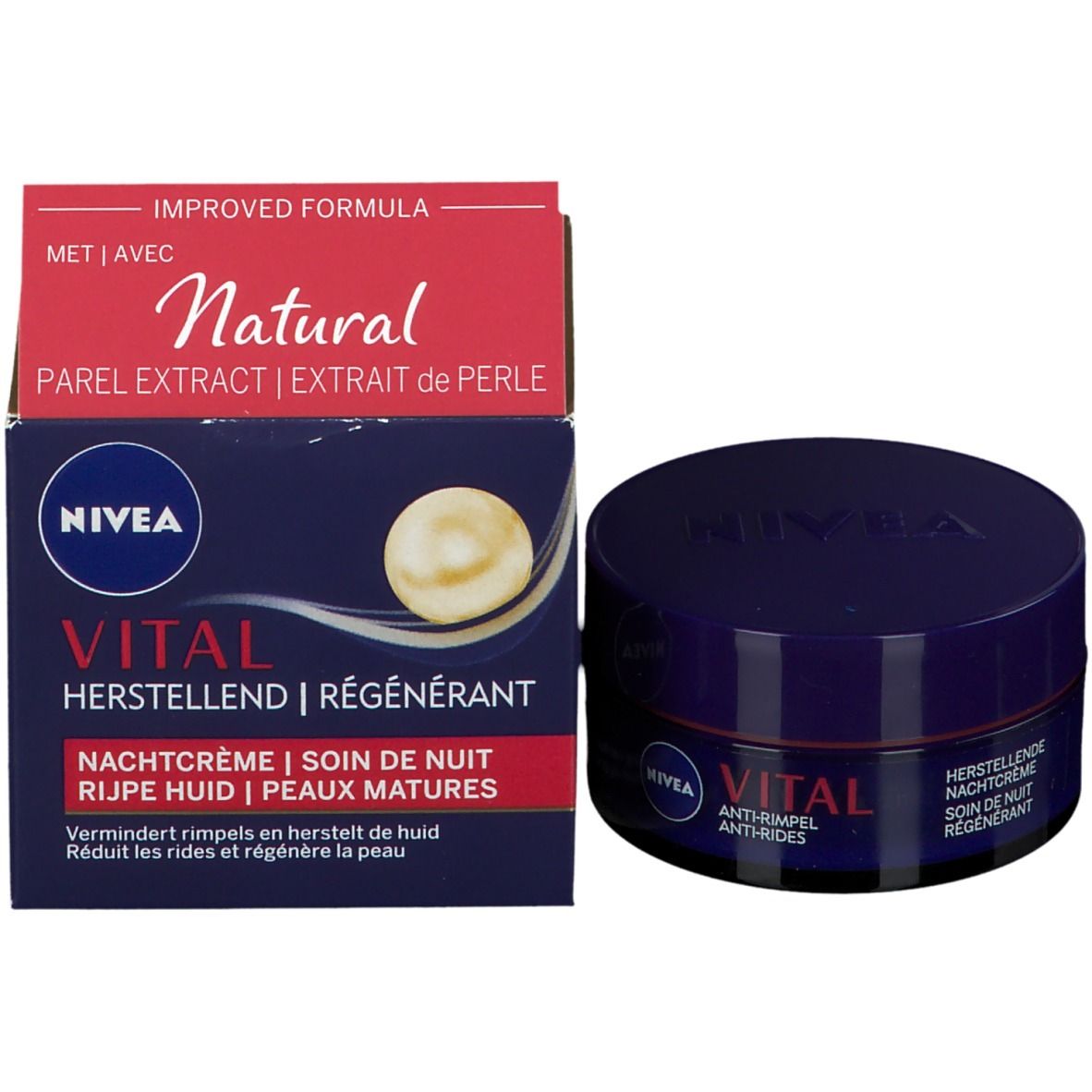 Dunkelblaue Creme-Dose und Verpackung. Aufschrift: NIVEA VITAL. Text in Deutsch, Französisch und Niederländisch. Mit Perlenextrakt.