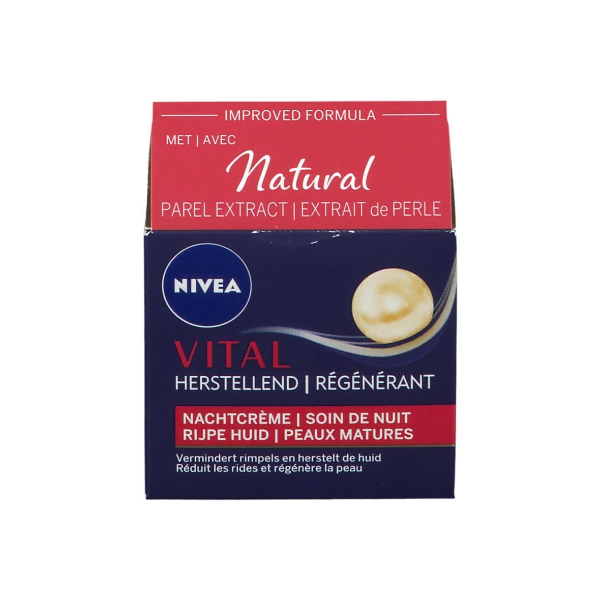 Verpackung mit dunkelblauer Creme-Dose. Aufschrift: NIVEA VITAL. Text in Deutsch, Französisch und Niederländisch. Mit Perlenextrakt.