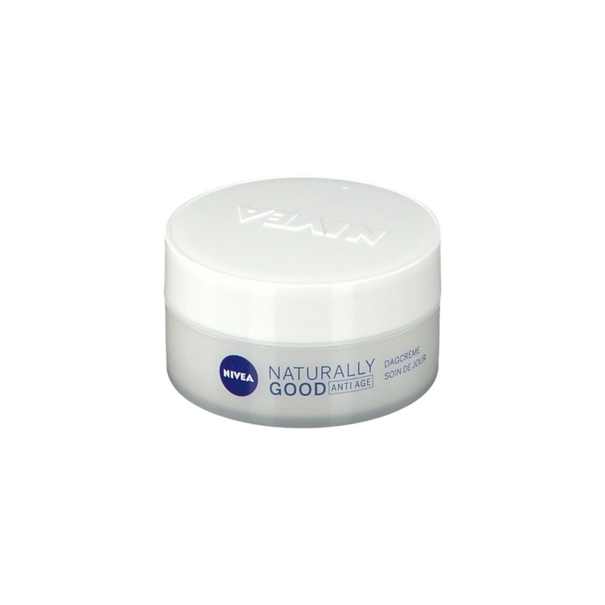 Creme-Tiegel mit weißem Deckel. Auf dem Tiegel steht NIVEA, Naturally Good Anti-Âge Tagespflege.