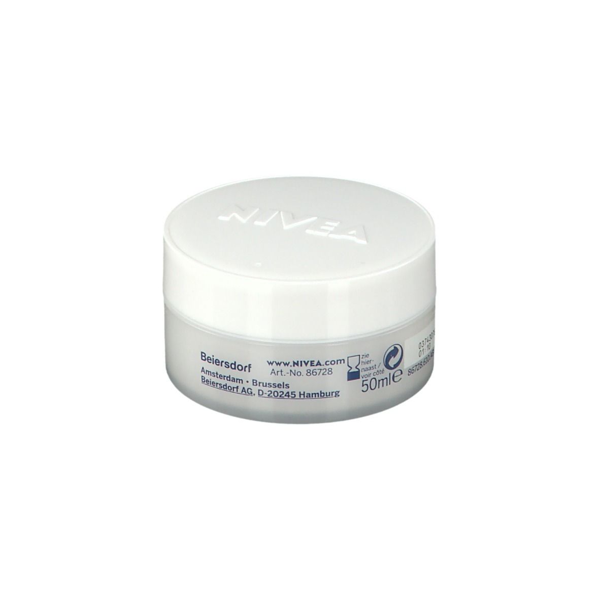 Creme-Tiegel mit weißem Deckel. Auf dem Tiegel steht NIVEA, Naturally Good Anti-Âge Tagespflege.