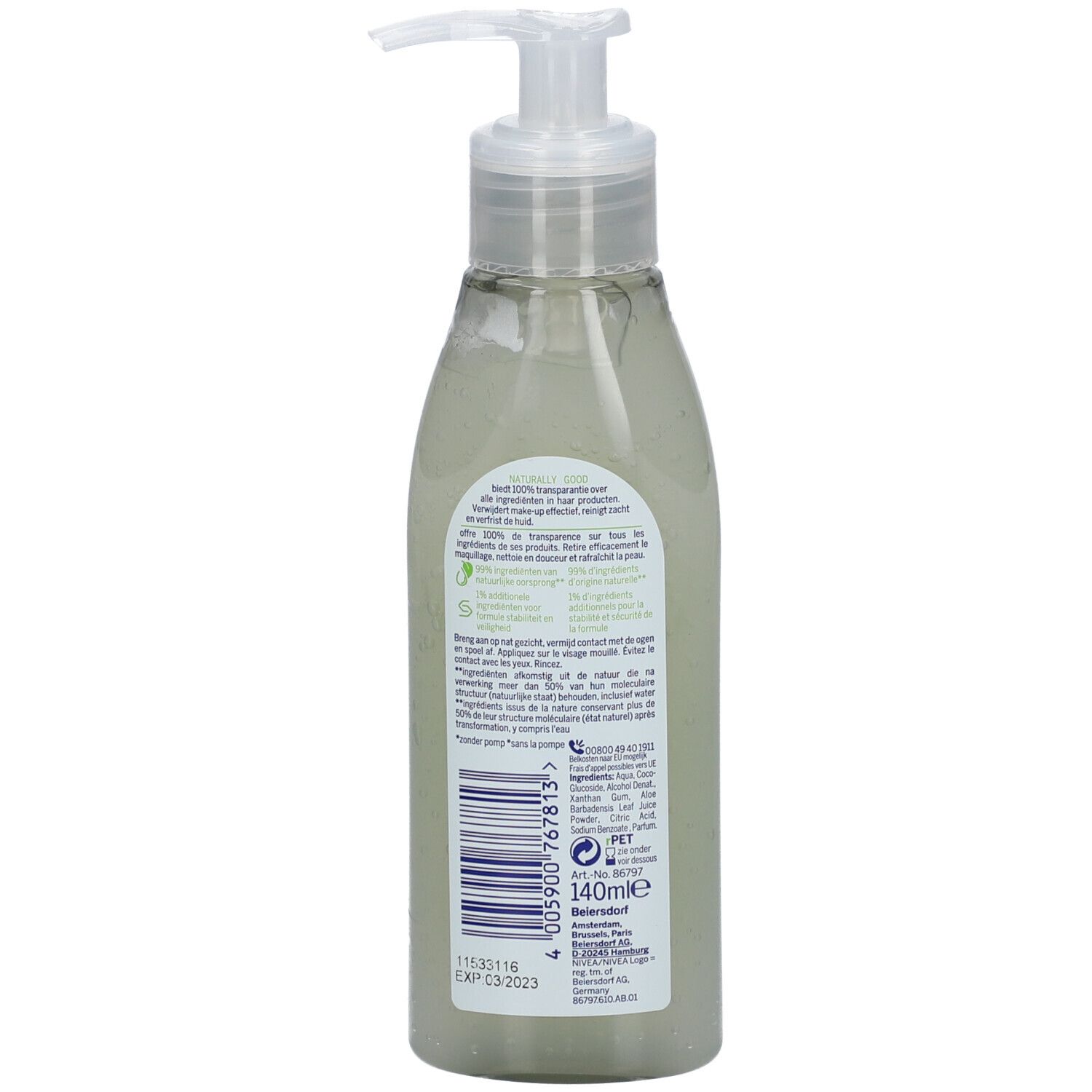 Achterkant van de NIVEA® Naturally Good wasgelfles. Tekstinformatie, ingrediënten, fabrikantgegevens en recyclinginstructies.