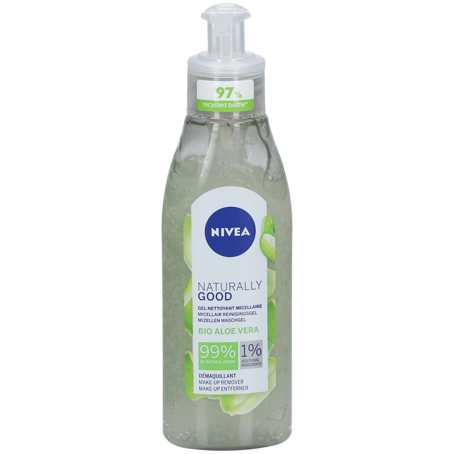 NIVEA® Naturally Good wasgel met Bio Aloë Vera. Transparante fles met pomp. Etiket met logo en informatie.