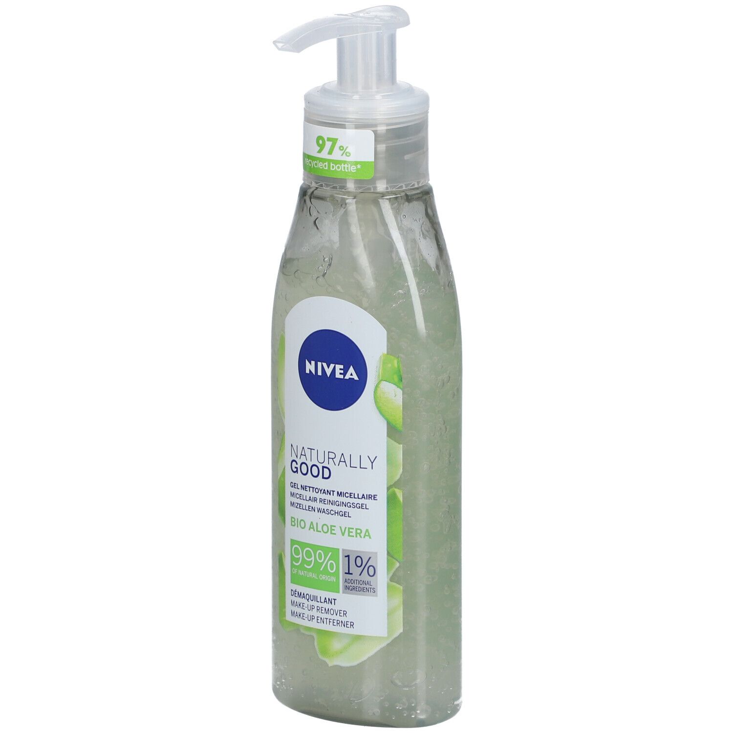 NIVEA® Naturally Good wasgel met Bio Aloë Vera. Transparante fles met pomp. Etiket met logo en informatie.