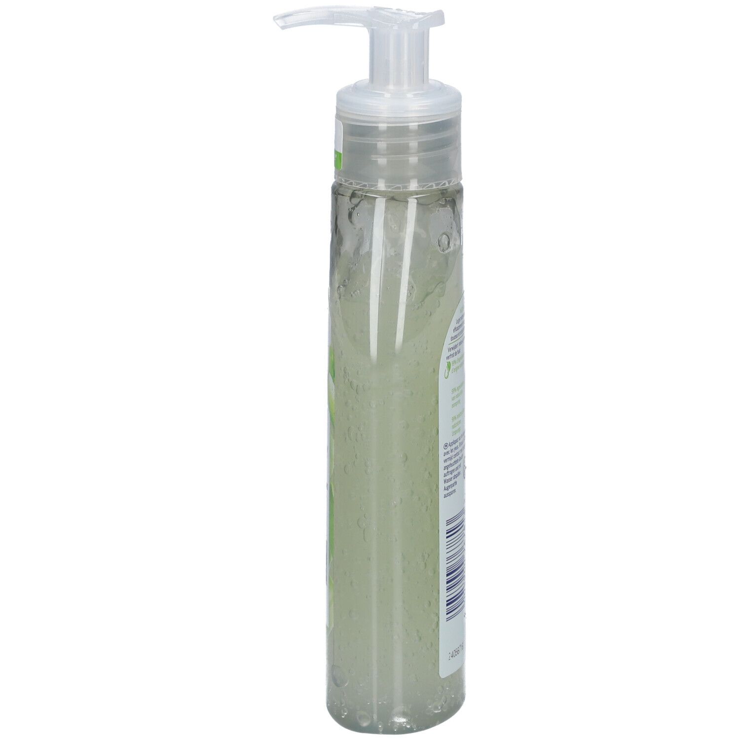 NIVEA® Naturally Good wasgel met Bio Aloë Vera. Transparante fles met pomp. Zijaanzicht met productinformatie.