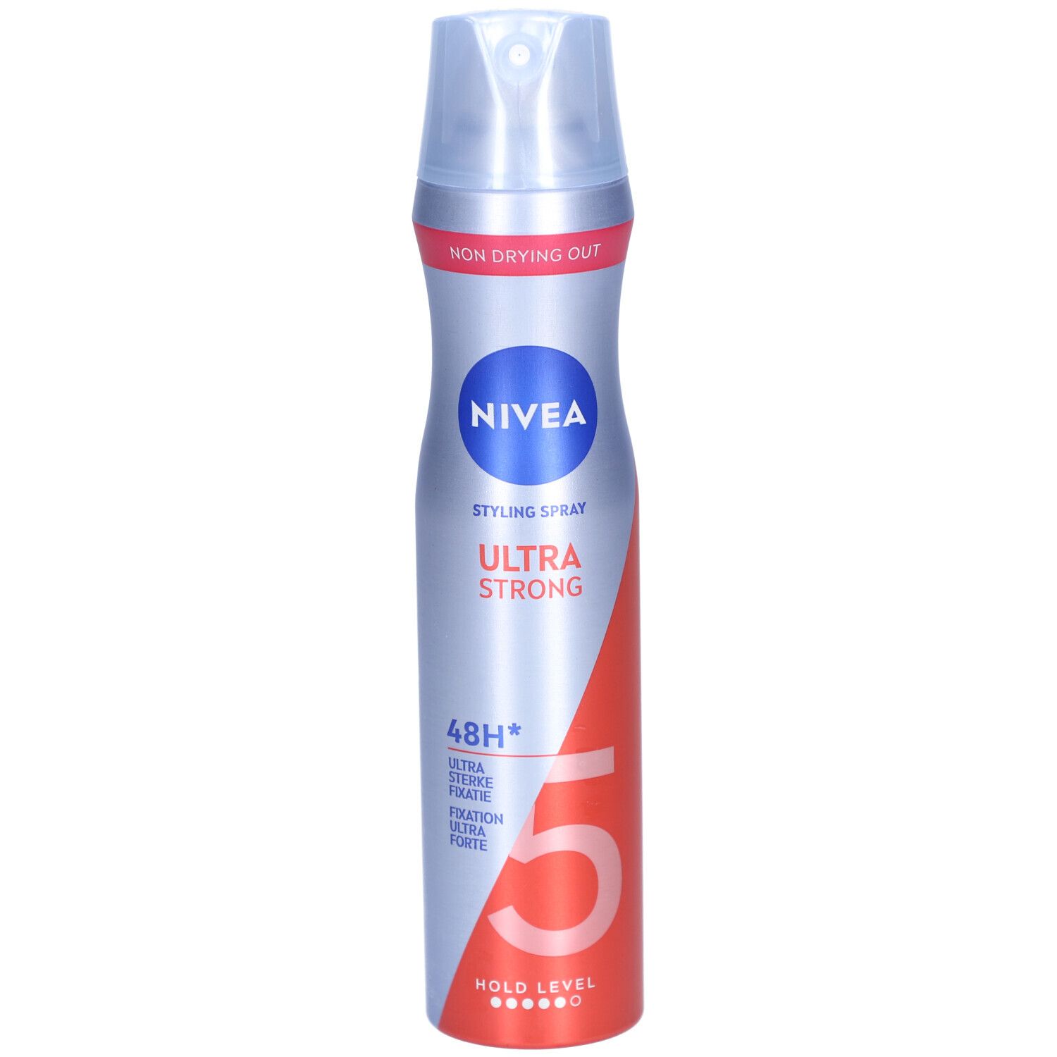 Nivea Styling Spray Ultra Strong. Zilveren spuitbus met blauw logo en rode accenten. Sterkte 5.
