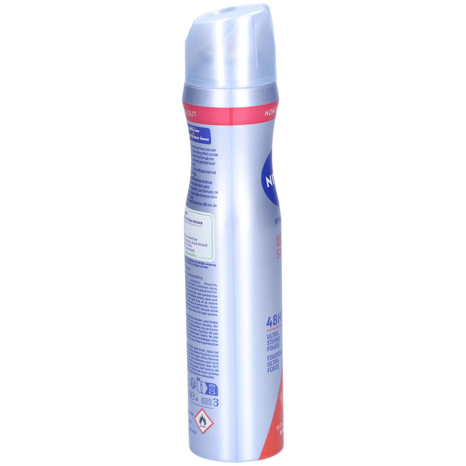 Nivea Styling Spray Ultra Strong, zijaanzicht. Tekst en logo's zichtbaar. Niet uitdrogend.