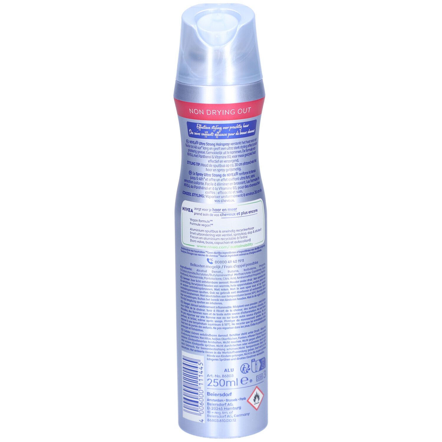 Nivea Styling Spray Ultra Strong. Achterkant spuitbus met tekst. 250ml. Waarschuwing.