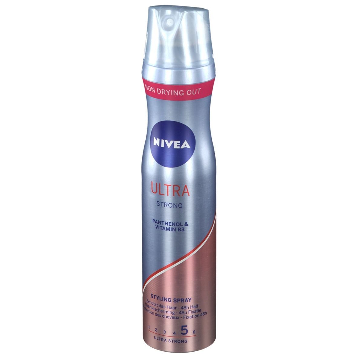 Nivea Ultra Strong Styling Spray. Zilveren spuitbus met blauw logo. Bevat Panthenol & Vitamine B3. Sterkte 5.