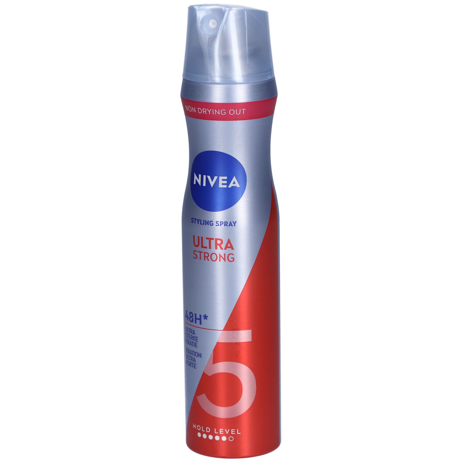 Nivea Styling Spray Ultra Strong. Zilveren spuitbus met blauw logo en rode accenten. Sterkte 5.