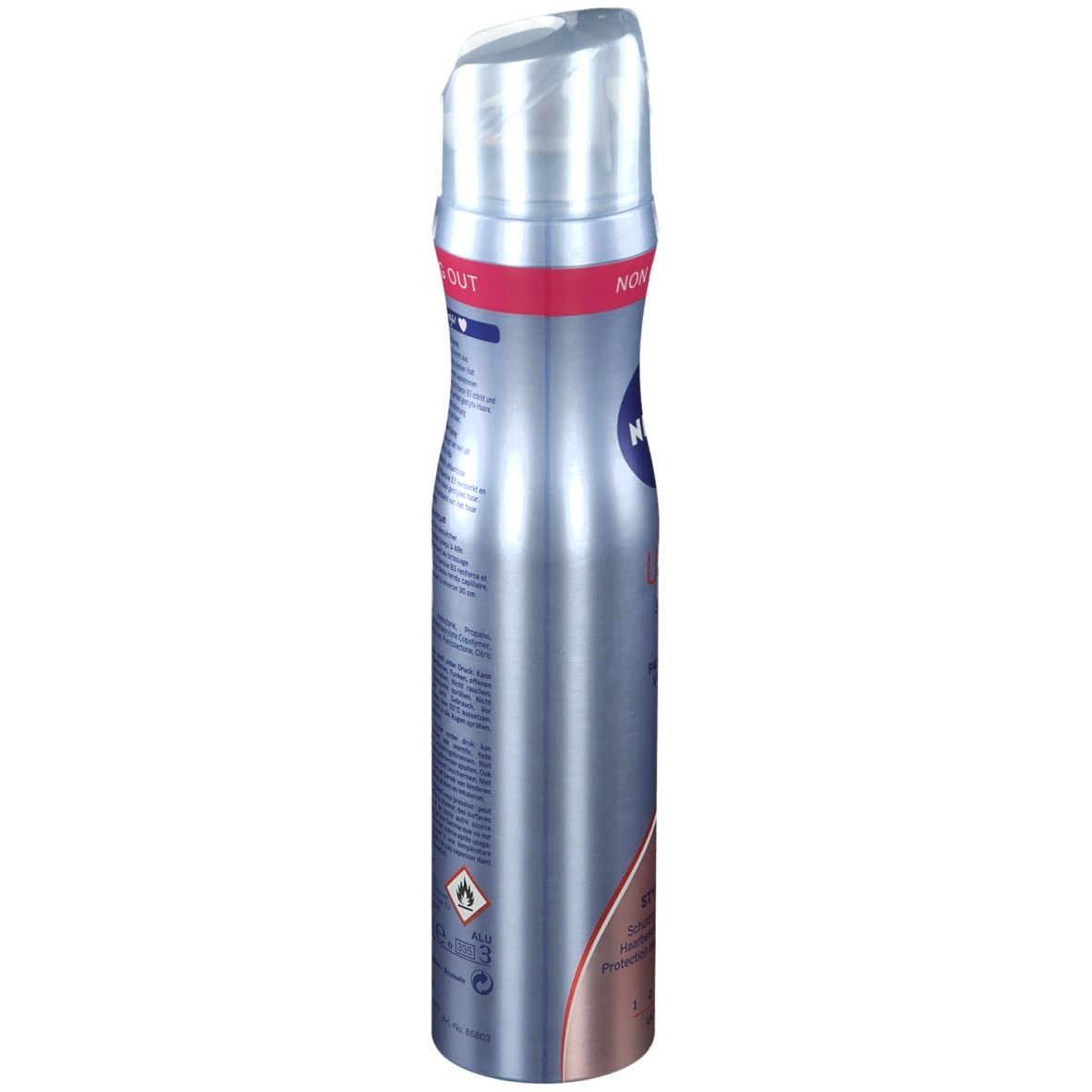 Nivea Styling Spray Ultra Strong, zijaanzicht. Tekst en logo's zichtbaar. Niet uitdrogend.