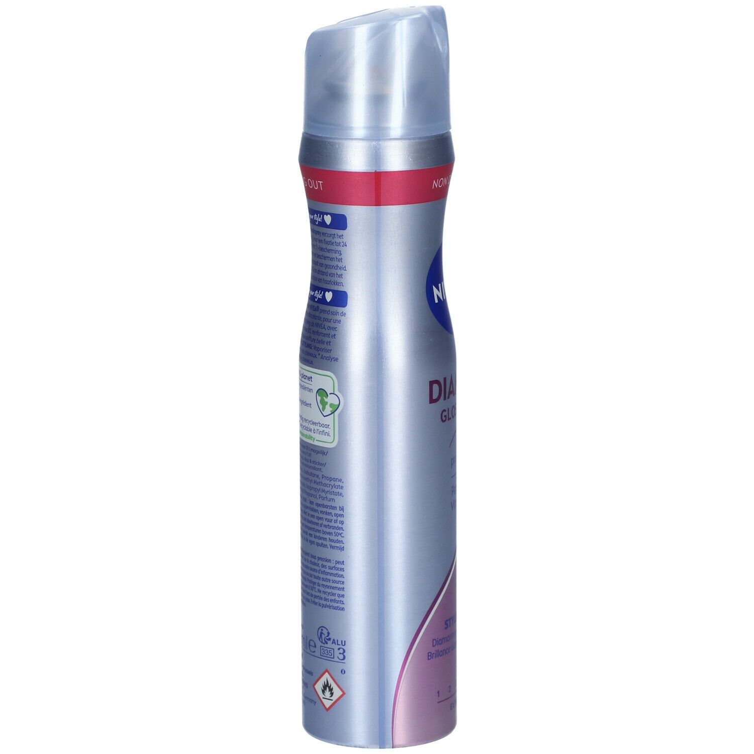 NIVEA Diamond Gloss Care Spray. Seitenansicht der silbernen Sprühflasche. Text und Logos auf der Verpackung.