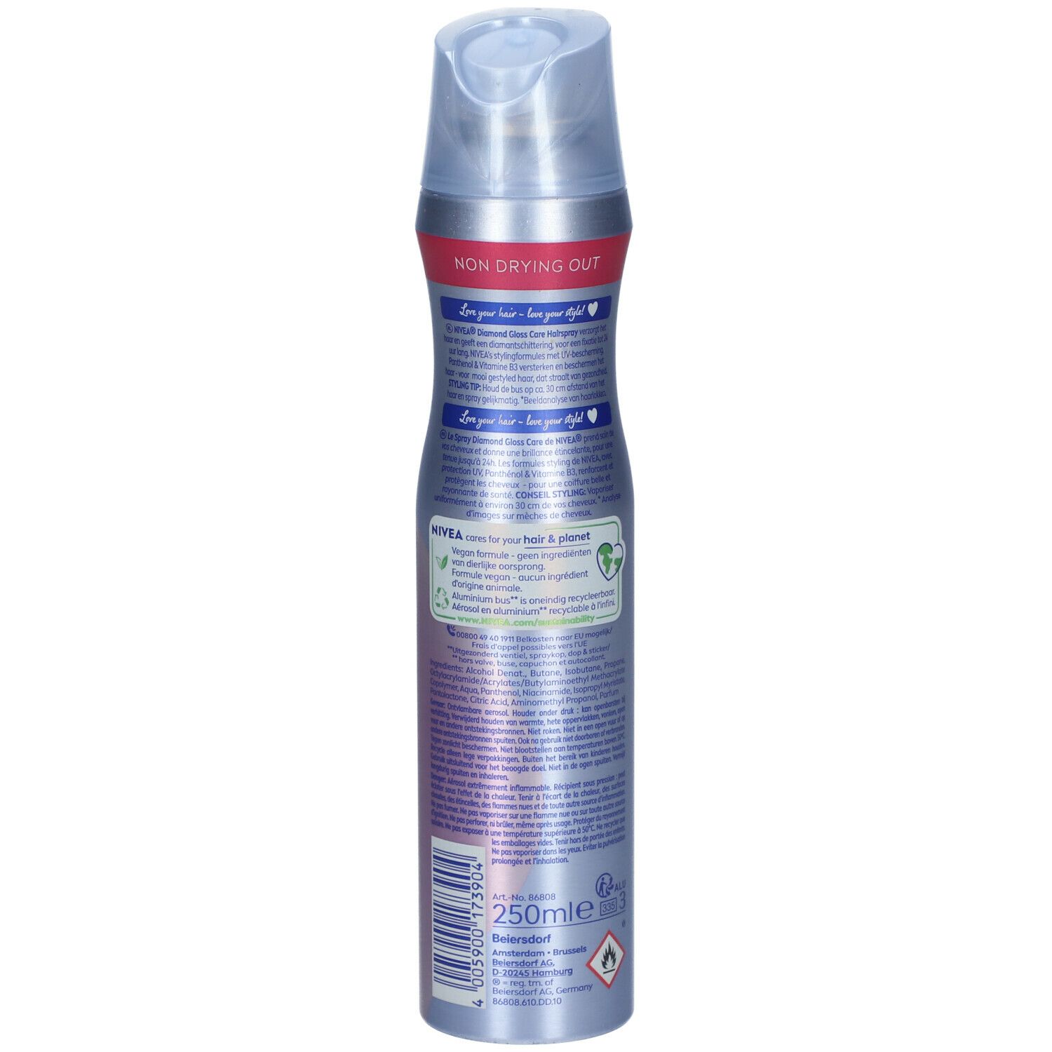 Rückseite des NIVEA Diamond Gloss Care Spray. Textinformationen und Logos auf der silbernen Flasche.