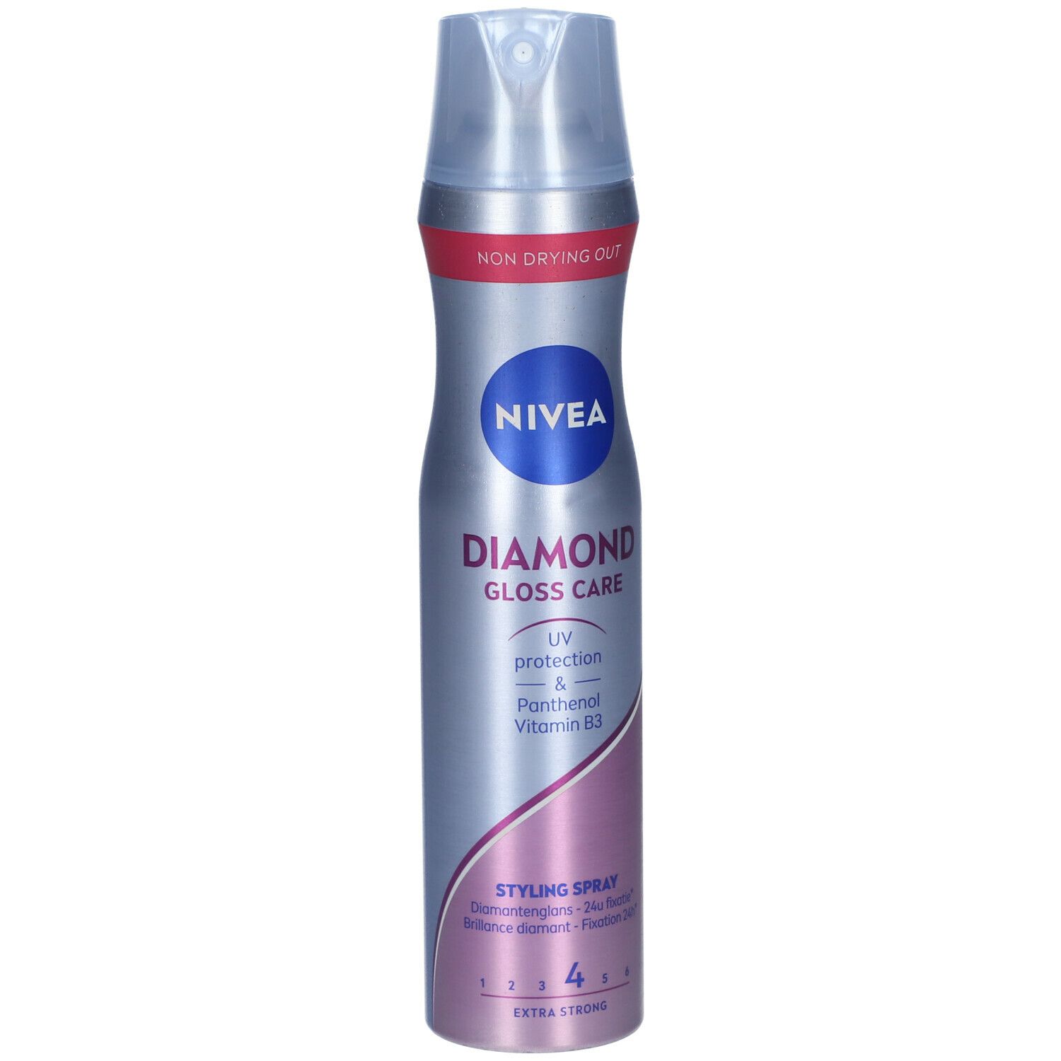 NIVEA Diamond Gloss Care Spray. Silberne Sprühflasche mit blauem Logo und Produktbezeichnung. UV-Schutz und Vitamin B3.