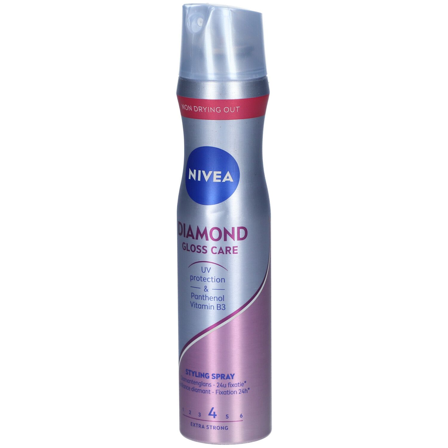 NIVEA Diamond Gloss Care Spray. Silberne Sprühflasche mit blauem Logo und Produktbezeichnung. UV-Schutz und Vitamin B3.