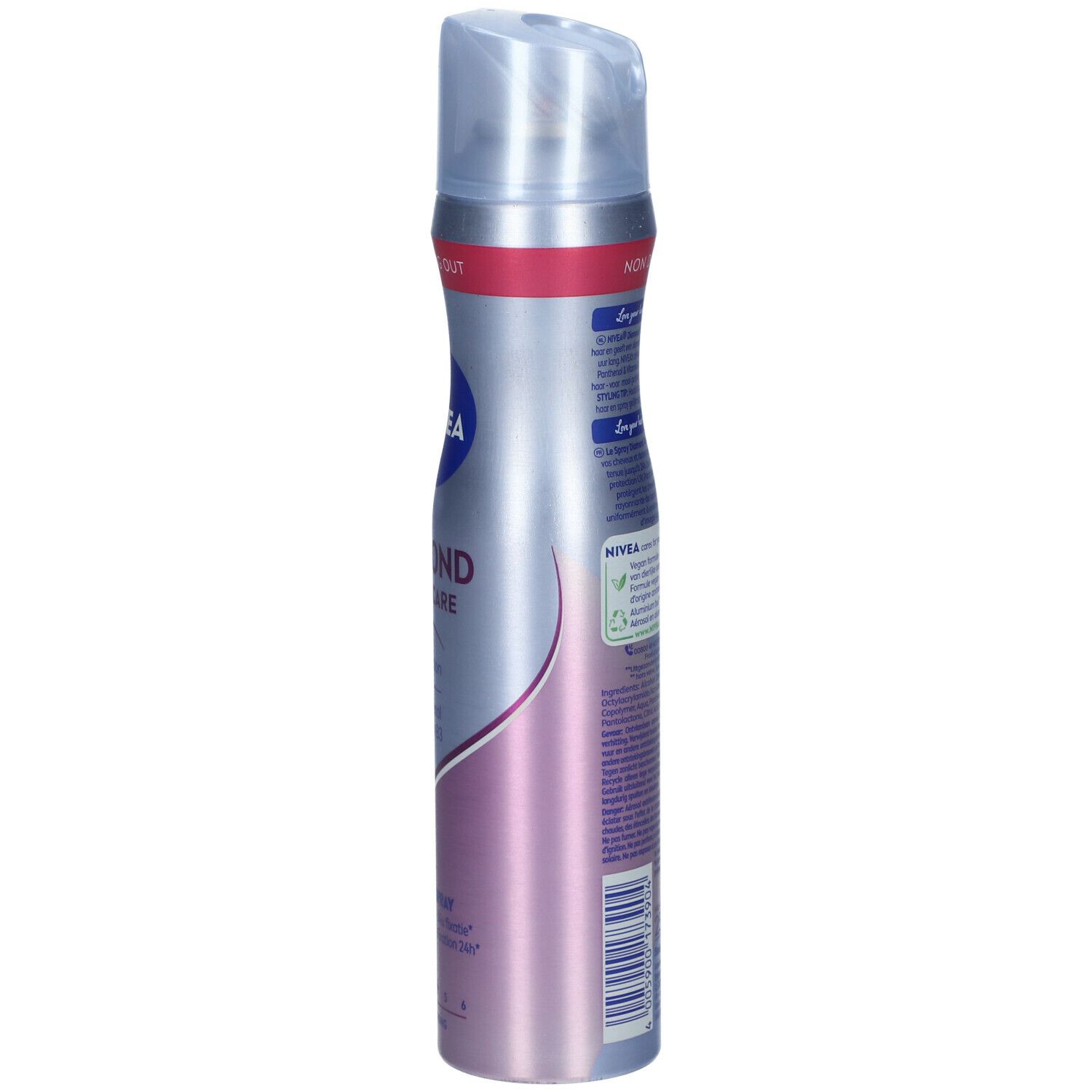 NIVEA Diamond Gloss Care Spray. Seitenansicht der silbernen Sprühflasche. Text und Logos auf der Verpackung.