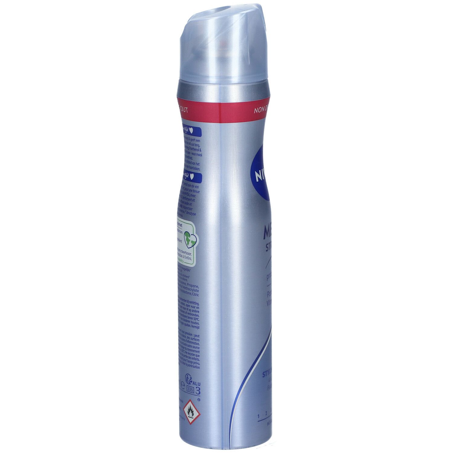 Zilveren sprayfles met rode band en blauw NIVEA-logo. Bevat informatie over duurzaamheid en recycling.