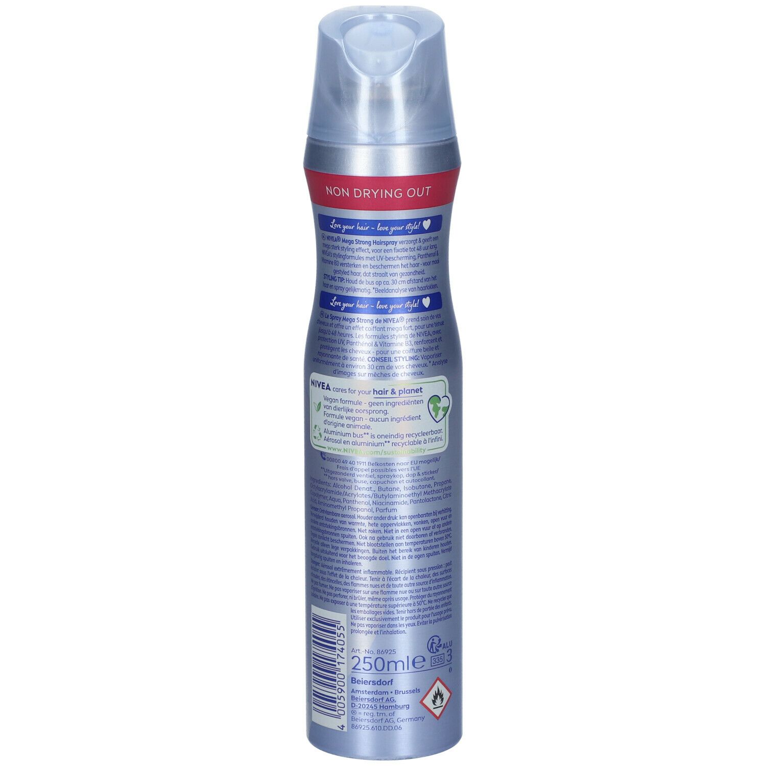 Achterkant van een zilveren sprayfles met blauw NIVEA-logo. Bevat tekst over haarverzorging en recyclinginformatie.