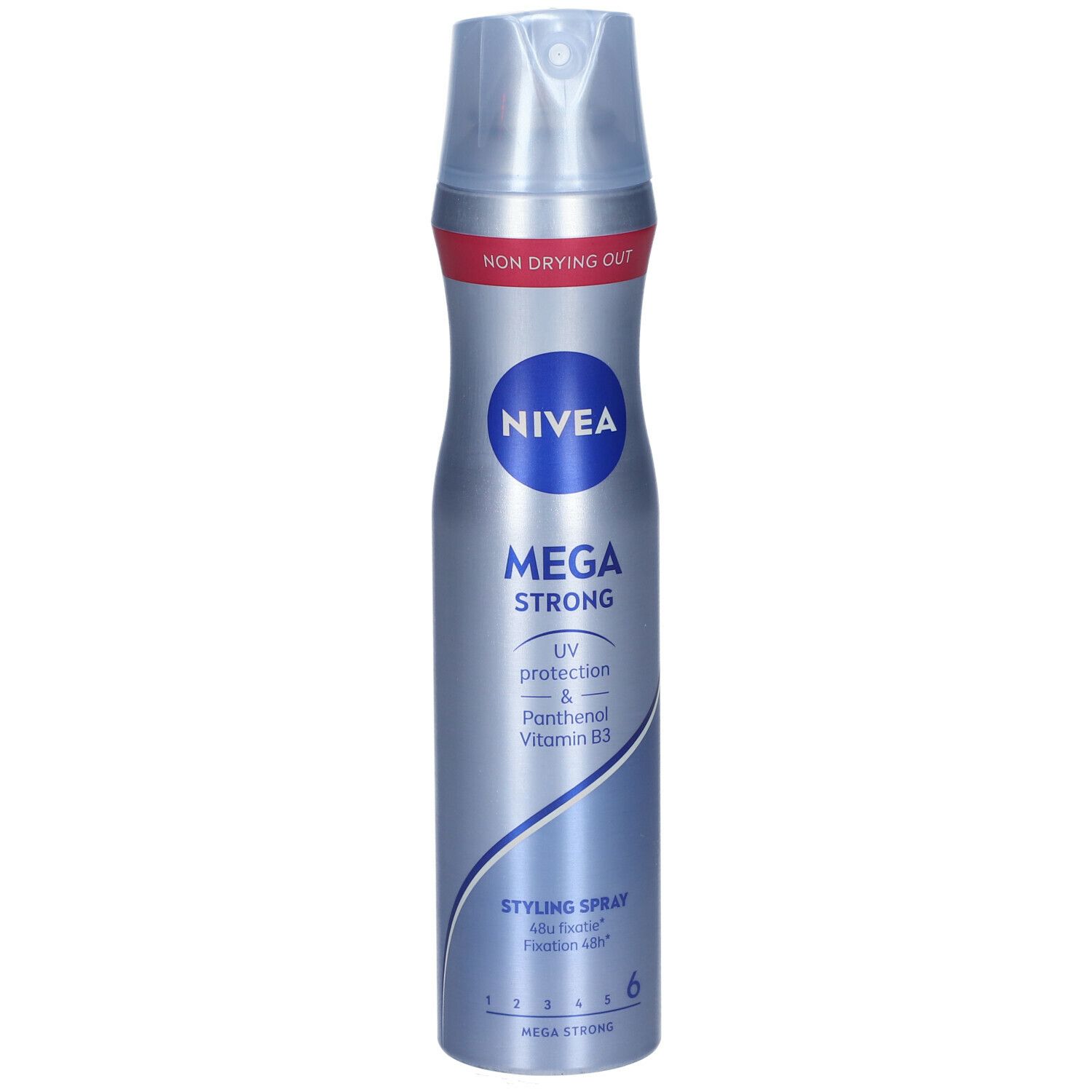 Zilveren sprayfles met blauw NIVEA-logo en MEGA STRONG-opschrift. Bevat UV-bescherming en vitamine B3. Styling Spray.