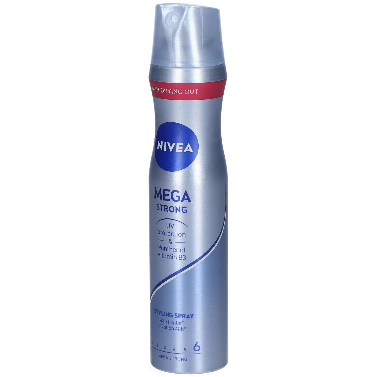 Zilveren sprayfles met blauw NIVEA-logo en MEGA STRONG-opschrift. Bevat UV-bescherming en vitamine B3. Styling Spray.