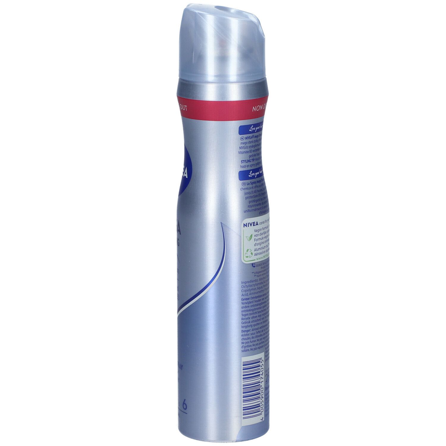 Zilveren sprayfles met rode band en blauw NIVEA-logo. Bevat informatie over duurzaamheid en recycling.