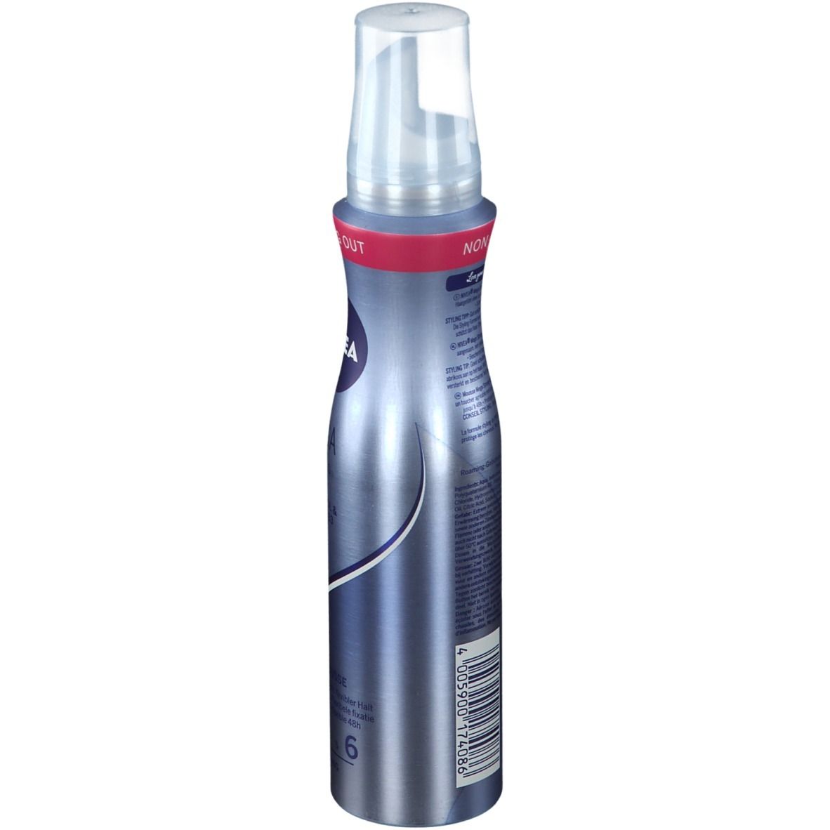Mousse coiffante NIVEA MEGA Strong, vue latérale. Flacon bleu, pompe blanche. Anneau rouge avec texte.